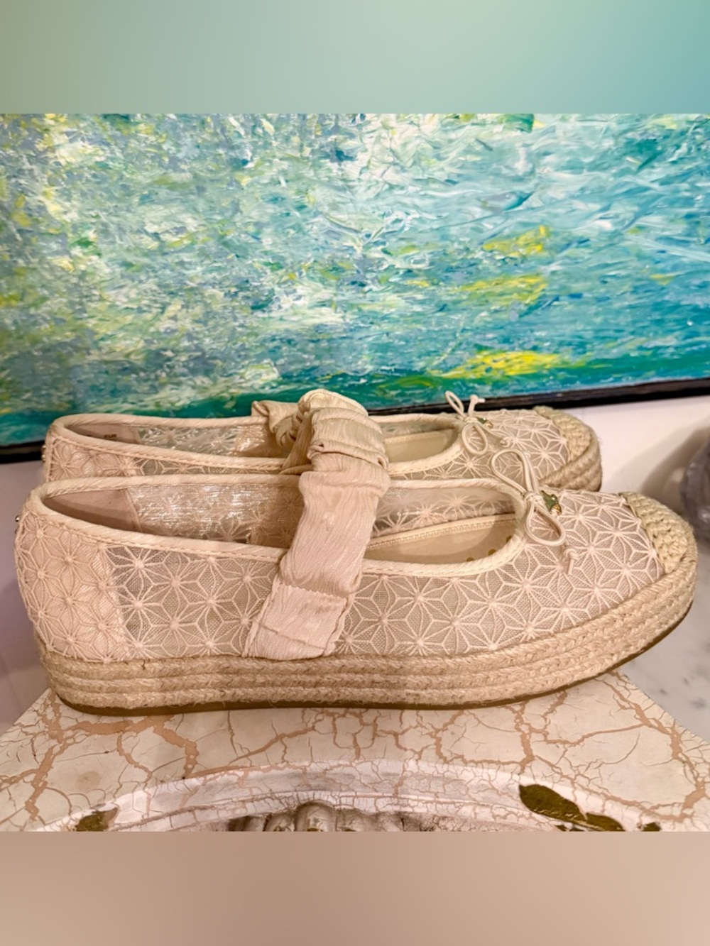Circus NY Women's Cream Lace Espadrille Platform Flats with Bow